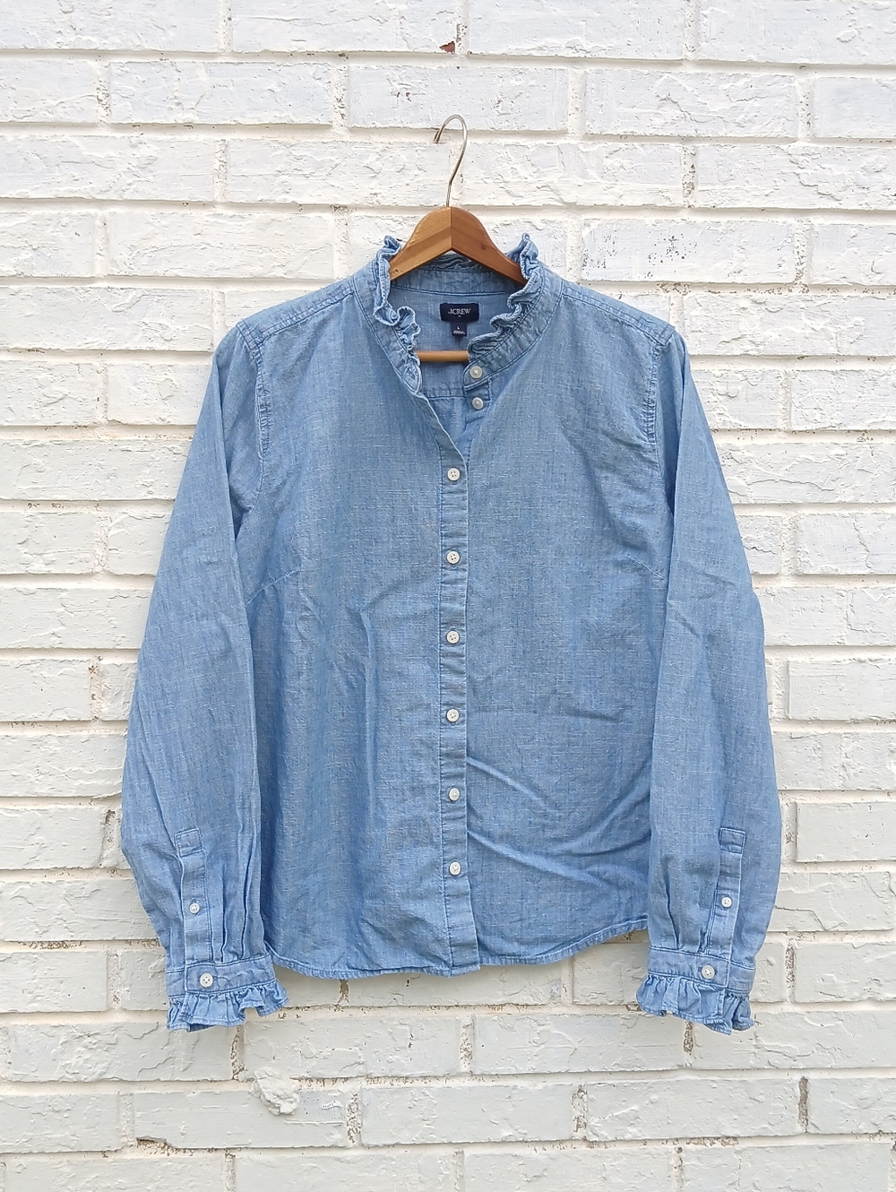 J. Crew Ruffle Chambray Button Down Shirt Large - Picture 4 of 9